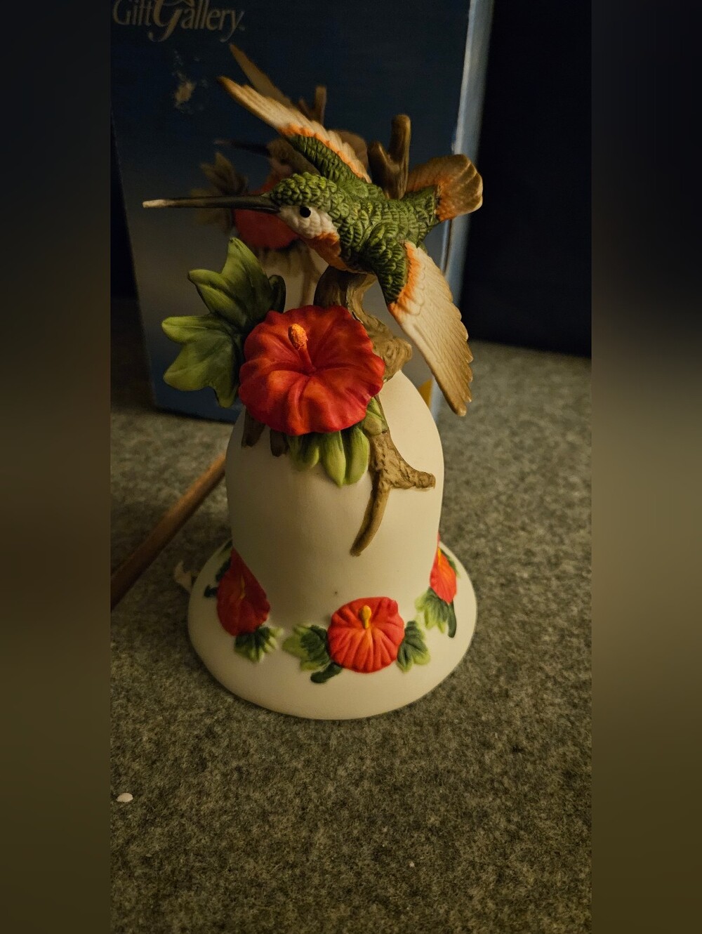 Hummingbird & Red Hibiscus Porcelain Bell - White. Vintage.